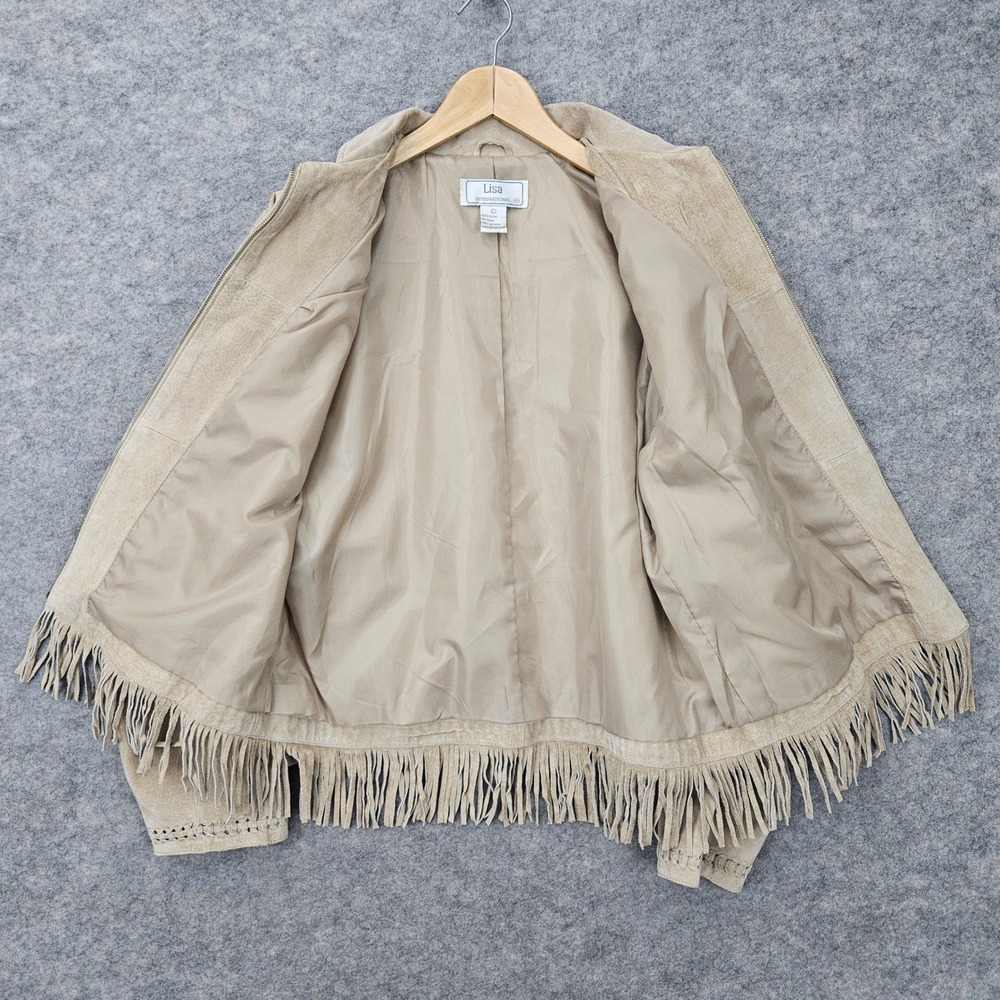 Lisa International Women Tan Suede Fringe Jacket Size L Leather Western Boho Zip - Picture 5 of 10